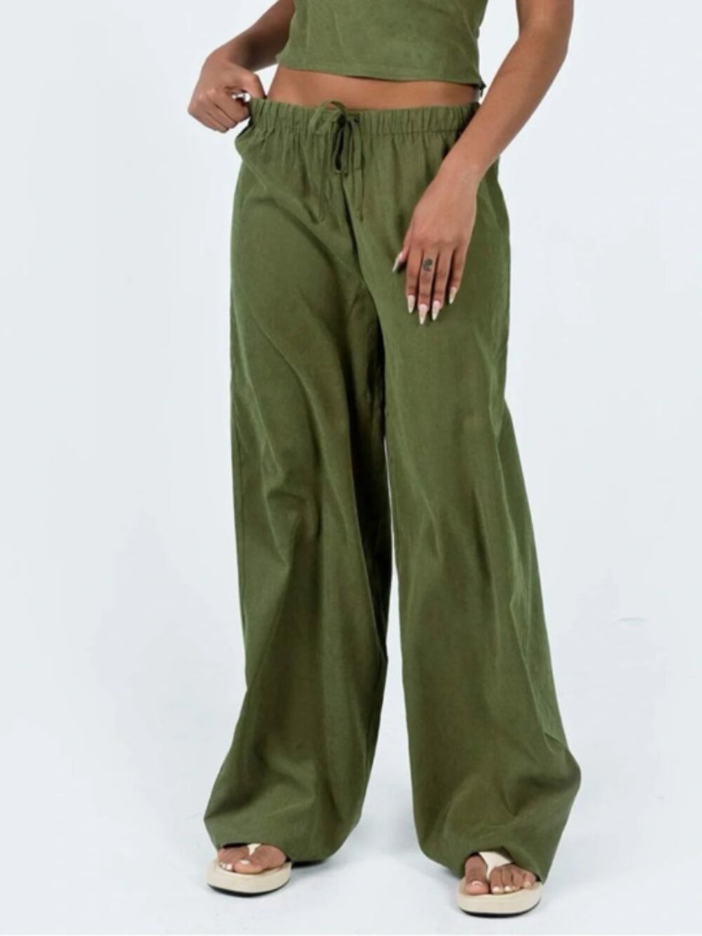 Princess Polly Paigey Olive Army Green Drawstring Wide Leg Pants Luxe Soft Sz 2
